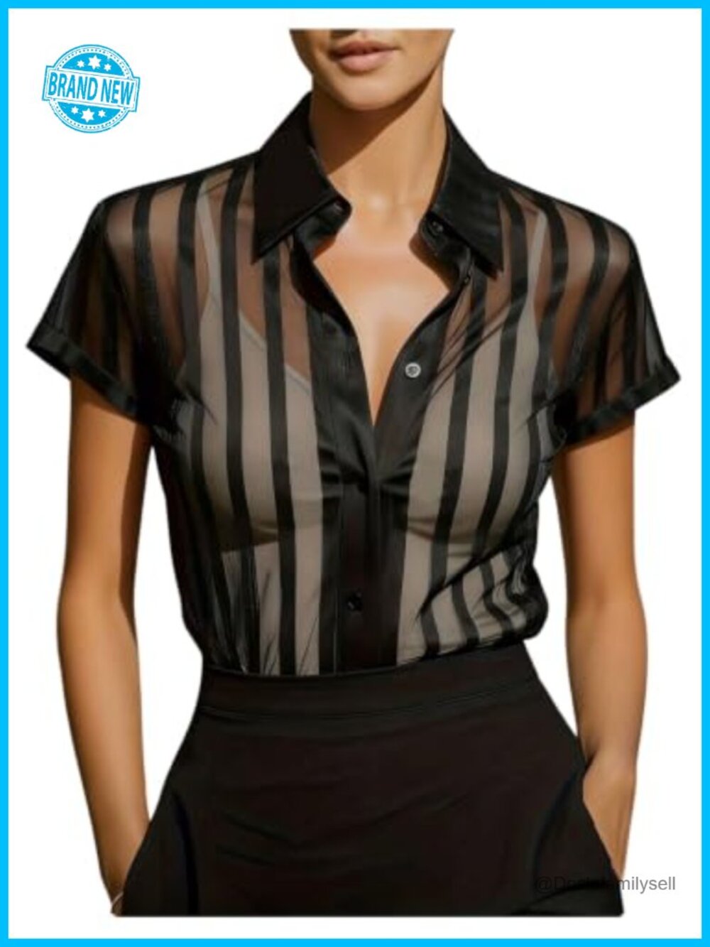 Sheer Mesh Striped Button Down Collared Short Sleeve Blouse
